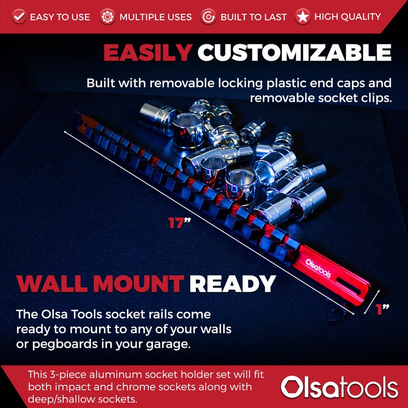 Olsa Tools 3-Pc Set Aluminum Socket Organizer | Locking End Caps | 1/4-Inch, 3/8-Inch, 1/2-Inch Drive Socket Holders with 24, 18, 16 Clips Each (Red) - Image 3